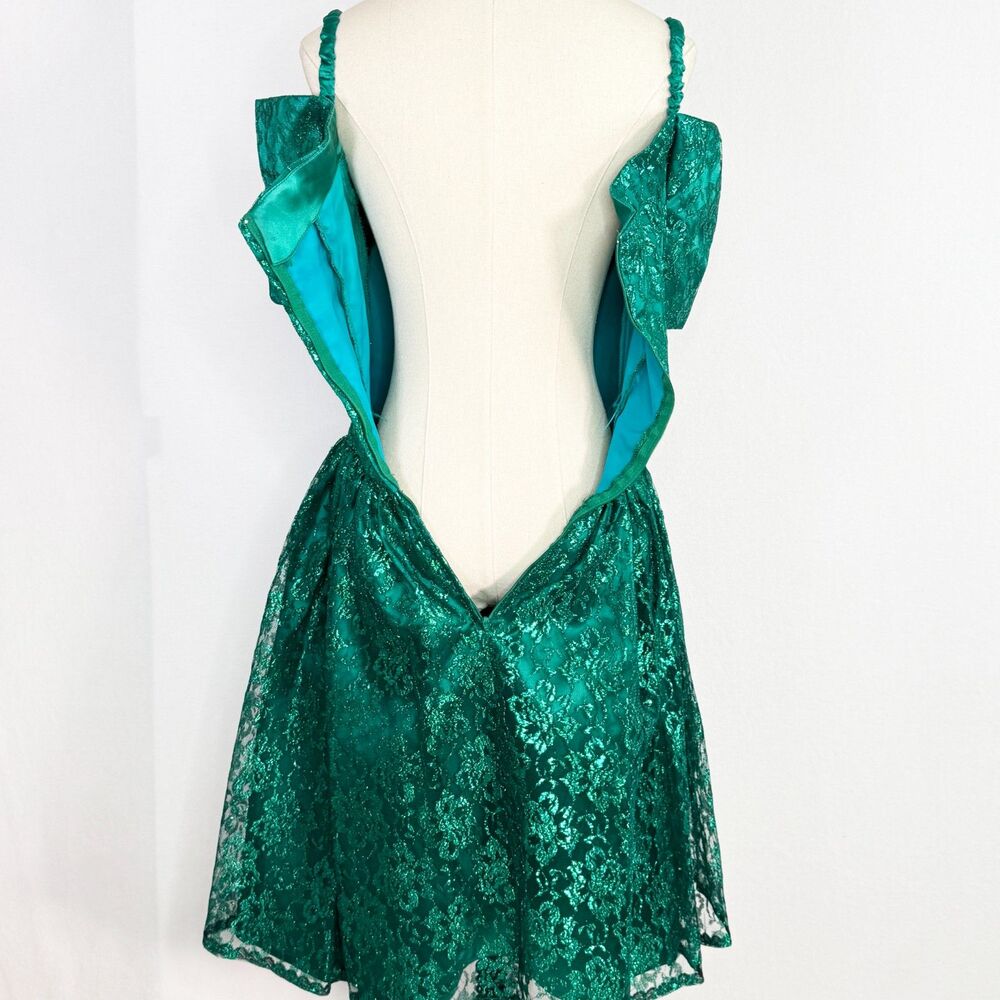 Gunne Sax | Metallic Shiny Forest Green Lace Fairy Dream Winter Dress | Sz 6 - Picture 13 of 14